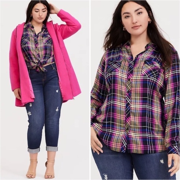 Torrid Multicolor Plaid Shirt Button Down Chest Pockets Long Sleeve Plus Size 4X - Picture 1 of 16